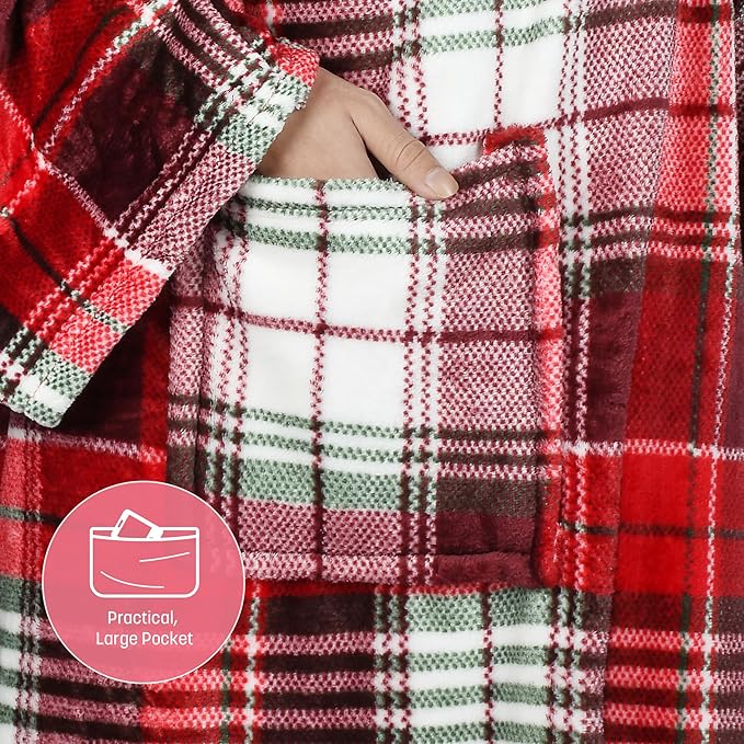 Catalonia Wearable Fleece Blanket with Sleeves and Foot Pockets for Adult Women Men, Micro Plush Comfy Wrap Sleeved Throw Blanket Robe Large, Red Plaid