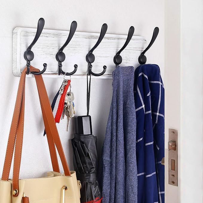 WEBI Coat Rack Wall Mount,Wood Coat Hooks Wall Mounted Coat Hanger,16" Hole to Hole,Wall Hook Rack Rail,5 Triple Hooks for Hanging Coats,Clothes,Jacket,Hats,Entryway,Black/White,2 Packs