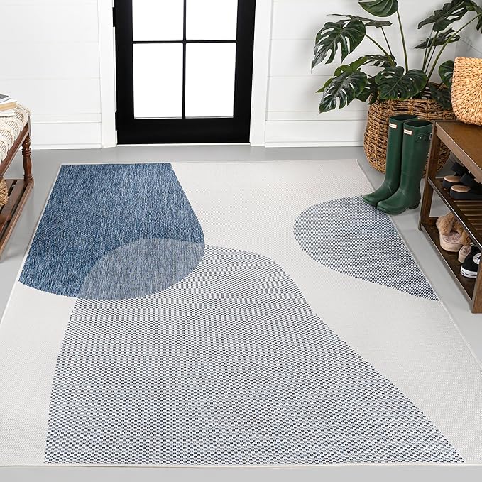 JONATHAN Y Geometric Organic Shapes Indoor Outdoor Area Rug 5X8 Cream/Navy, Zia Modern for Backyard, Patio, Porch, Easy-Cleaning, High Traffic, Pet-Friendly, Non-Shedding (TSN306B-5)