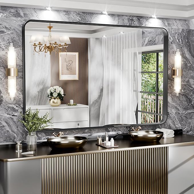 Hasipu Black Bathroom Wall-Mounted Mirror 59x39 Inch Rounded Rectangle Vanity Mirror Metal Framed Wall Mirrors Anti-Rust Surface Mount (Hangs Horizontal or Vertical)