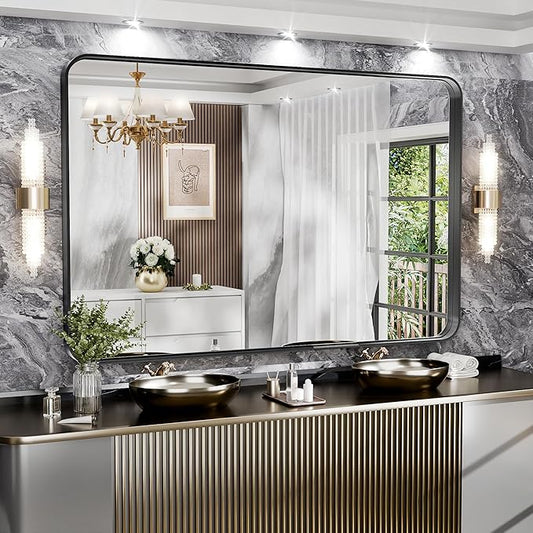 Hasipu Black Bathroom Wall-Mounted Mirror 59x39 Inch Rounded Rectangle Vanity Mirror Metal Framed Wall Mirrors Anti-Rust Surface Mount (Hangs Horizontal or Vertical)