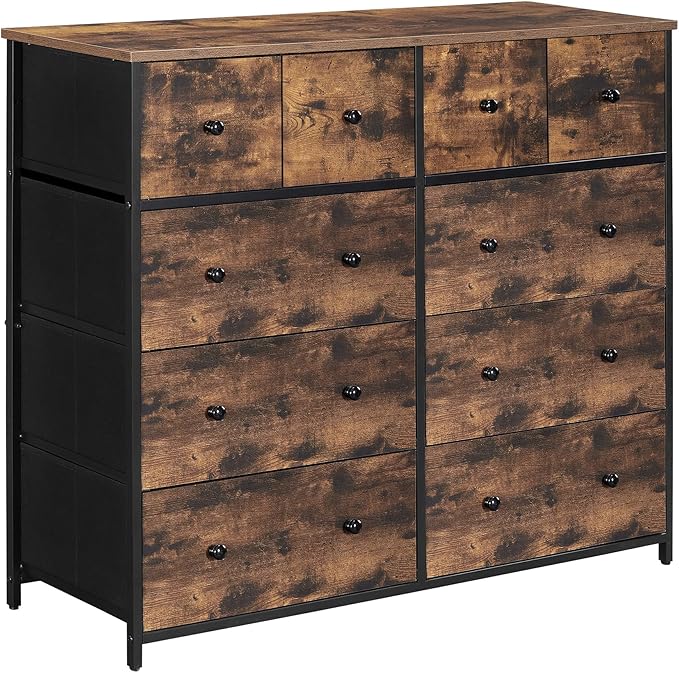 SONGMICS10 Drawers Wide Dresser, 10 Drawers 10-Drawer Dresser Storage Tower, Metal Frame, Wooden Top and Front, Fabric Drawers, 10 Drawers Brown and Black ULGS145B01