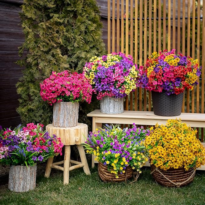 Artificial Flowers for Outdoors Fake Plants - 16 Bundles Faux Outside Greenery Boxwood UV Resistant Plastic Shrubs Decor (Mixed)