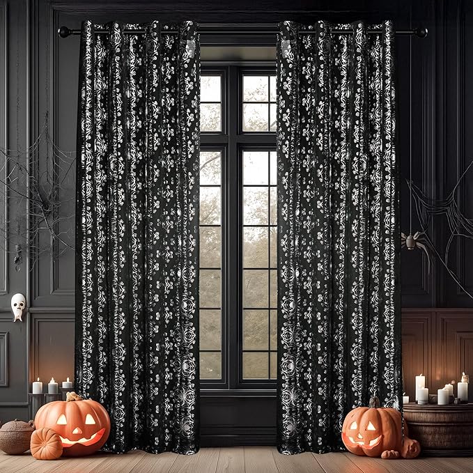 NICETOWN Black Sheer Halloween Curtains with Silver Spider Foil Print, Grommet Flowing Voile Sheer Window Treatment for Gothic Bedroom, W54 x L84, 2 Panels