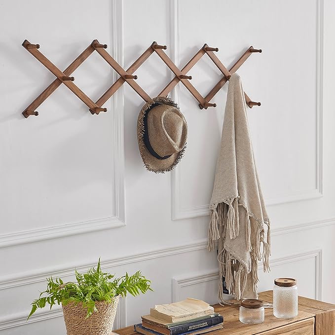 SKOLOO Hat Rack for Wall with 14 Hooks, Solid Wooden, Modern, Expandable Coat Rack Wall Mount for Coats, Hats, Bags, Baseball Caps, Walnut Color