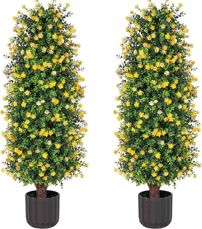 Sunnyglade 2 Packs Artificial Rose Tree 3FT- Fake Floral Plant Tree in Pot- Decorative Topiary Plant - Cement Filled Potted Faux Flower Plant for Home Office Porch Decor Indoor Outdoor(Yellow)