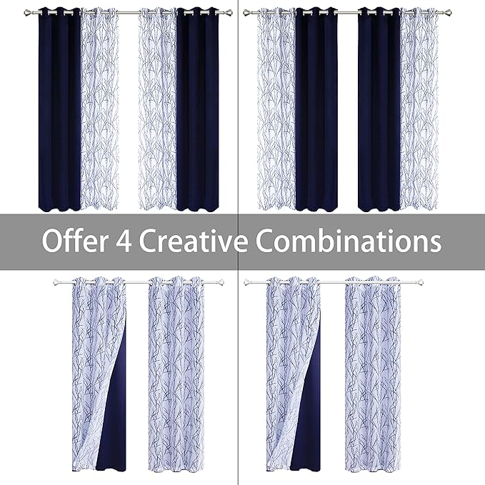 BONZER Mix and Match Curtains - 2 Pieces Branch Print Sheer Curtains and 2 Pieces Blackout Curtains for Bedroom Living Room Grommet Window Drapes, 37x95 Inch/Panel, Indigo, Set of 4 Panels