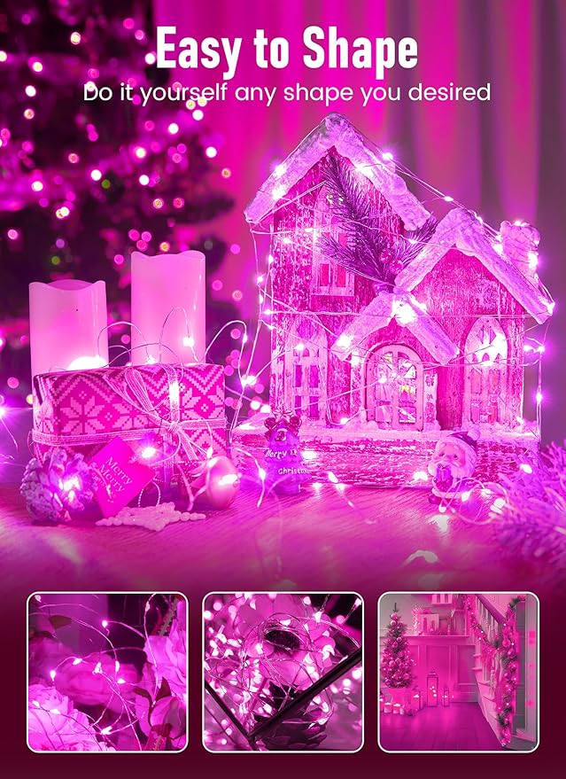 Minetom Fairy Lights Battery Operated, 2Pack 33Feet 100 LEDs Mini Battery Powered String Lights, Waterproof Twinkle Lights Mason Jar Lights for Indoor Home Wedding Christmas Decoration, Pink