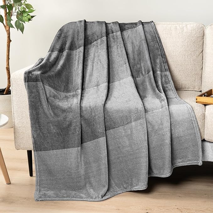 PAVILIA Gray Ombre Fleece Throw Blanket for Couch, Soft Flannel Blanket for Sofa Bed Room, Plush Lightweight Light Grey Gradient Blanket, Cozy Microfiber Decorative Gift Throw, 50x60