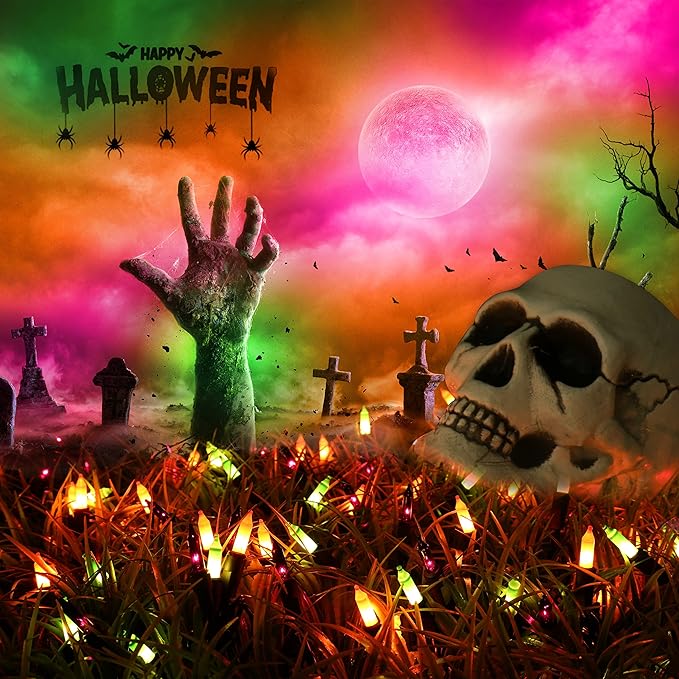 Brizled Halloween String Lights, 21.3ft 100ct Incandescent Purple & Green & Orange Halloween Lights Connectable, UL Certified Halloween Lights Black Wire Mini Light Set for Halloween Holiday Christmas
