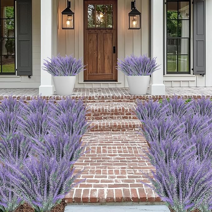 TURNMEON 20 Bundles Artificial Lavender Flowers for Outdoors, UV Resistant Fake Plants Artificial Plastic Faux Plants for Home Window Box Planter Porch Gardens Cemetery Summer Decor(Gray Purple)
