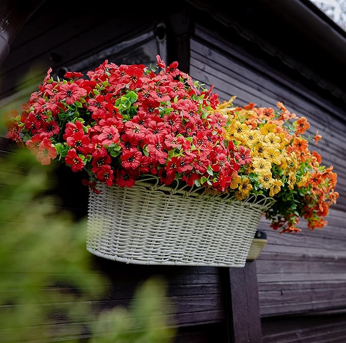 Artificial Flowers for Outdoors Fake Plants - 16 Bundles Faux Outside Greenery Boxwood No Fade Plastic Shrubs Fall Decor Farmhouse Home Garden Thanksgiving Mums (PureRed)