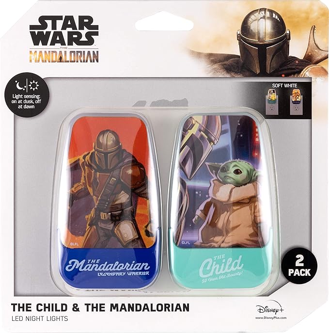 STAR WARS LED Night Light, Baby Yoda & The Mandalorian, Plug-in, Dusk to Dawn Sensor, Grogu, UL-Certified, Cute Nightlight for Kids, Bedroom, Bathroom, Hallway, Game Room, Gifts, 2 Pack, 56328