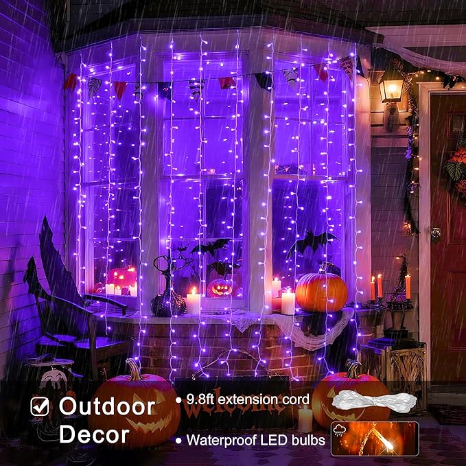 JMEXSUSS 300LED Purple Christmas Lights with Remote, Curtain Hanging Light Plug in, 8 Modes Purple String Lights for Bedroom Window Wall Party Backdrop Halloween Christmas Decorations