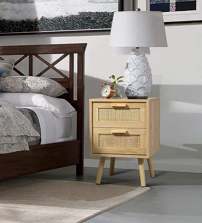 Finnhomy Nightstand, End Table, Side Table with 2 Hand Made Rattan Decorated Drawers, Wood Accent Table with Storage for Bedroom, Natural (Patented)