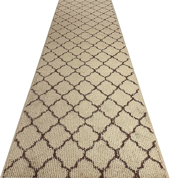 Custom Size Modern Runner Rug Carpet for Hallway Entryway Foyer Kitchen, Slip Resistant Latex Rubber Backed 31 inch Wide X Customized Length, Trellis Beige, 31 inch X 28 feet