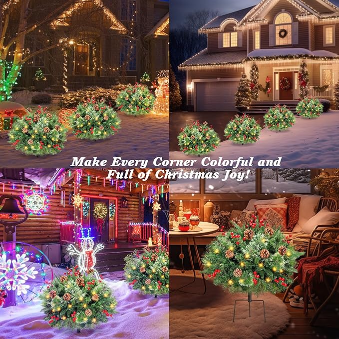 Lewondr Set of 2 Prelit Pathway Christmas Trees, 20.87" Outdoor Christmas Tree with 50 LED Lights, Pine Cones Red Berries, Battery Operated Outdoor Xmas Decor for Yard Home Porch