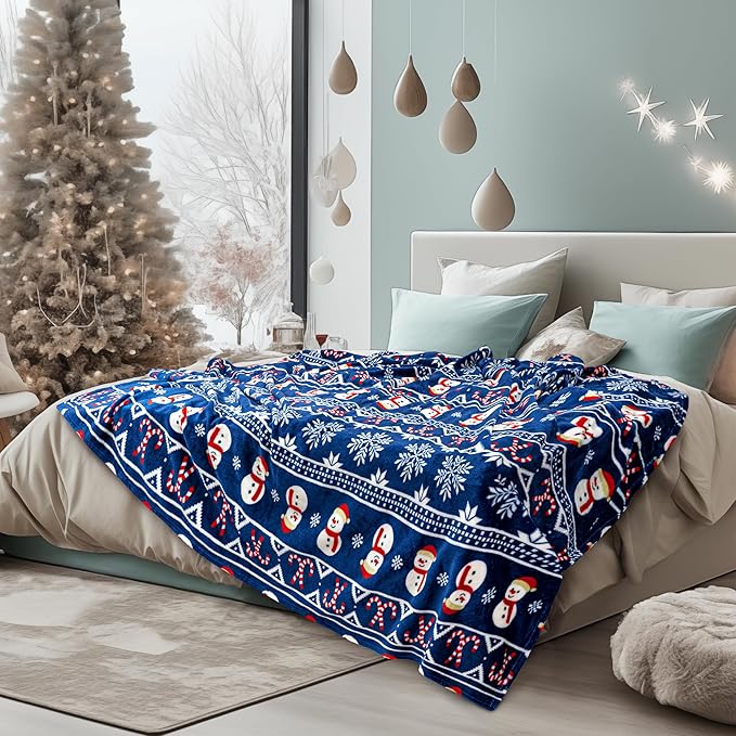 PAVILIA Christmas Snowman Throw Blanket | Blue Holiday Christmas Fleece Blanket | Soft, Plush, Warm Winter Cabin Throw, 50x60 (Blue Christmas)