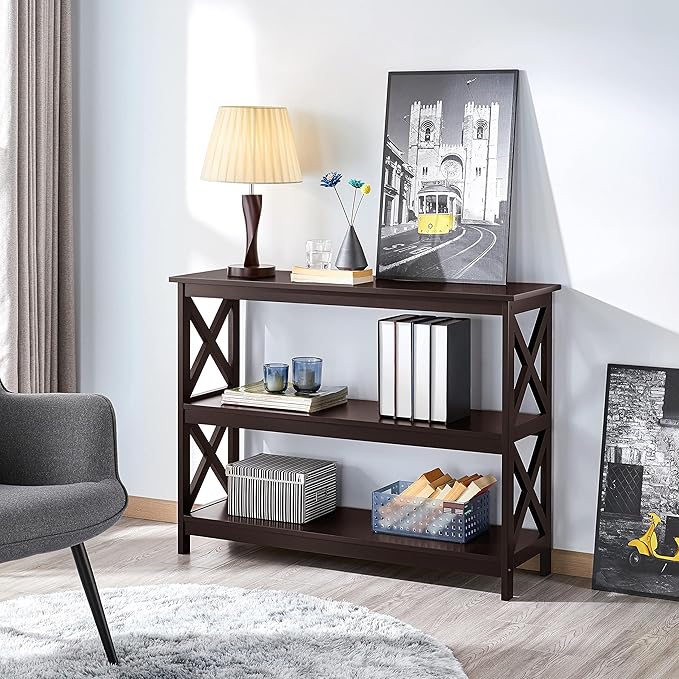 Yaheetech Console Table with 3 Storage Shelves, 3-Tier Entryway Table, Sofa Side Narrow Long Bookshelf for Hallway Living Room, Accent Furniture, Espresso