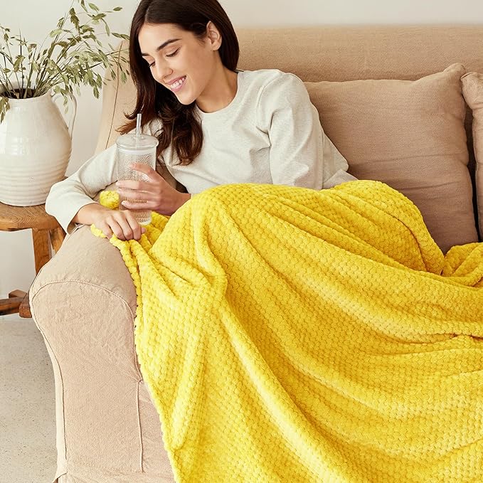 Exclusivo Mezcla Fleece Throw Blanket Extra Large, Super Soft and Warm Blankets for Couch, Sofa and Bed Waffle Textured, Cozy, Fuzzy and Lightweight (Vibrant Yellow, 50x70 Inches)