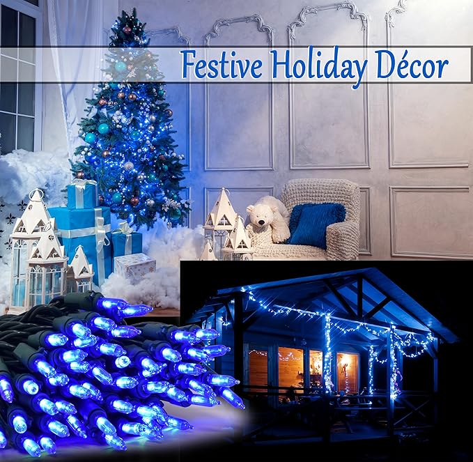 Holiday Essence Blue LED Xmas String Light 100 Count Green Wire 26.9 Ft Incandescent Hanukkah Traditional Light for Indoor Outdoor Home Décor, Wedding Lighting Decoration
