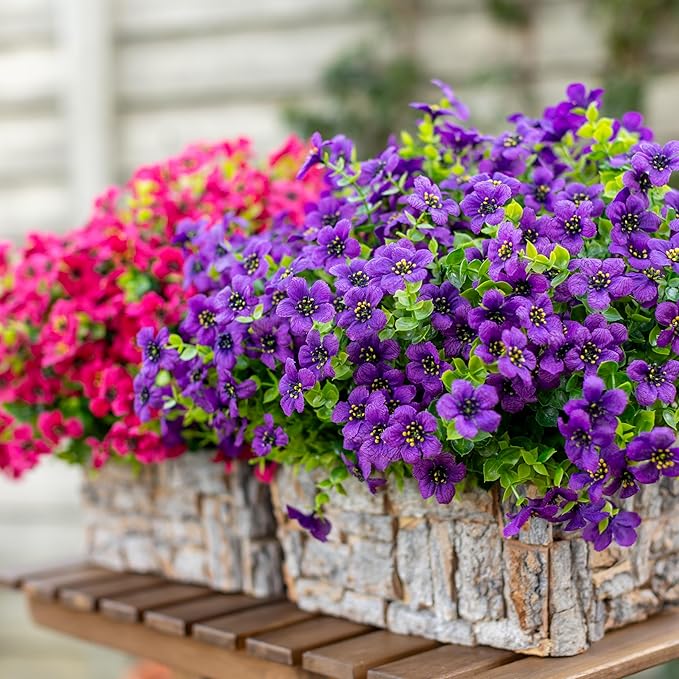Artificial Flowers for Outdoors Fake Plants - 16 Bundles Fake Plants UV Resistant No Fade Faux Plastic Greenery Home Garden Porch Patio Decoration Office Indoor (Purple)