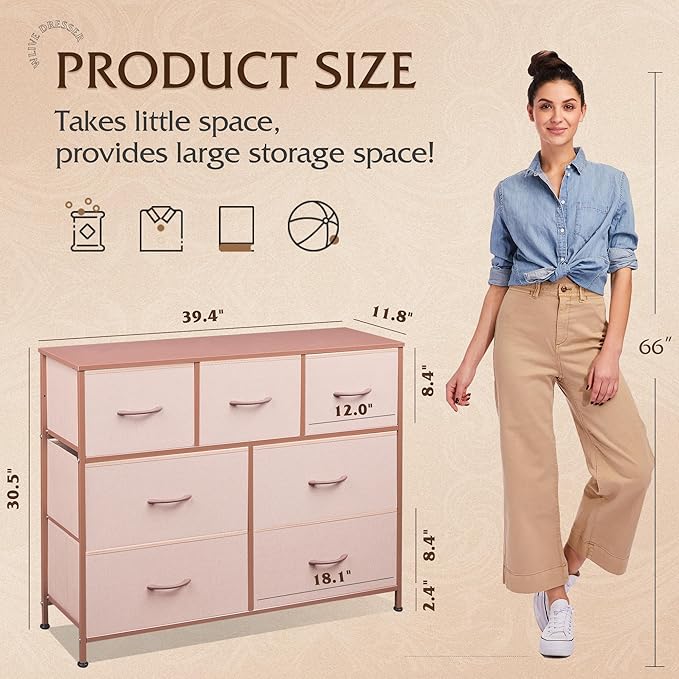 WLIVE 7 Drawer Dresser TV Stand, Entertainment Center, Media Console Table with Metal Frame and Wood Top for TV up to 45 inch, Chest of Drawers for Bedroom, Living Room, Pink