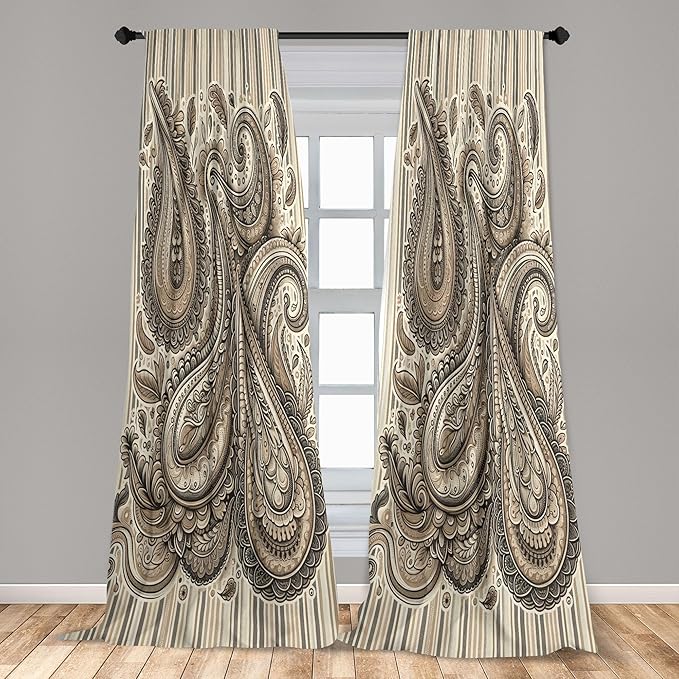 Ambesonne Paisley Curtains, Delicate Bohemian Leafy Motives on Stripes in Neutral Muted Colors, Window Treatments 2 Panel Set for Living Room Bedroom, Pair of - 28" x 63", Warm Taupe Ivory and Sepia
