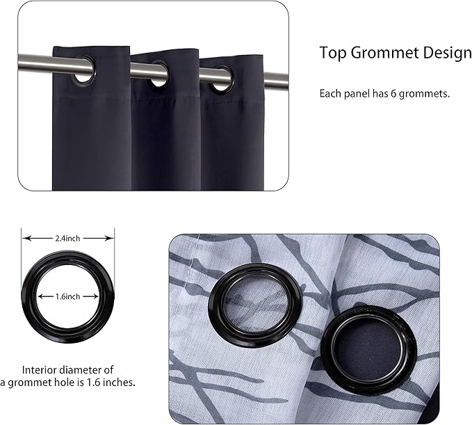 BONZER Mix and Match Curtains - 2 Pieces Branch Print Sheer Curtains and 2 Pieces Blackout Curtains for Bedroom Living Room Grommet Window Drapes, 37x84 Inch/Panel, Grey Dark, Set of 4 Panels