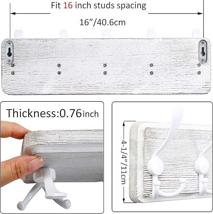 WEBI Coat Rack Wall Mounted,Wood Coat Hooks Wall Mount,16" Hole to Hole,Large Coat Hanger Wall Hook Rack,5 Triple Hooks for Hanging Coats,Hats,Jacket,Clothes,Entryway,White,2 Packs