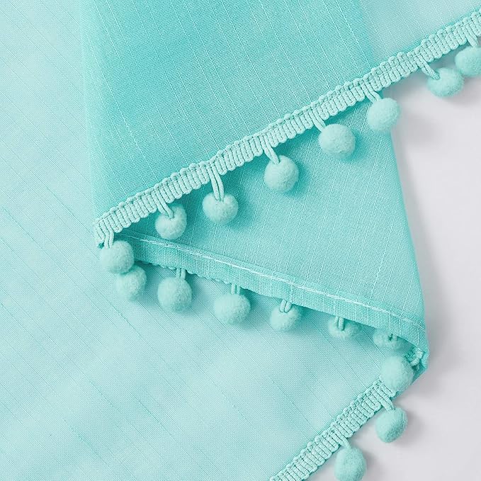 Treatmentex Pompom Sheer Curtain Panels 84inch Long Living Room Bedroom Window Curtain Drapes for School, Kindergarten 52" Width Each Panel. 1 Pair Rod Pocket Aqua