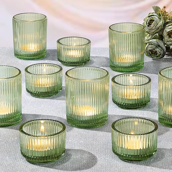 10pcs Ribbed Green Votive Candle Holders for Wedding Table Decor, Assorted Tea Light Candle Holder Glass, Green Candle Holders for Table Centerpieces, Brithday and Tea Party Decorations