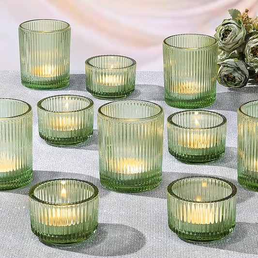 10pcs Ribbed Green Votive Candle Holders for Wedding Table Decor, Assorted Tea Light Candle Holder Glass, Green Candle Holders for Table Centerpieces, Brithday and Tea Party Decorations