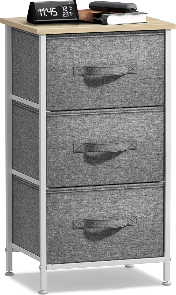 Sorbus Nightstand with 3 Drawers - Bedside Furniture & Night Stand End Table Dresser with Steel Frame, Wood Top, Easy Pull Fabric Bins for Home, Bedroom Accessories, Office & Dorm
