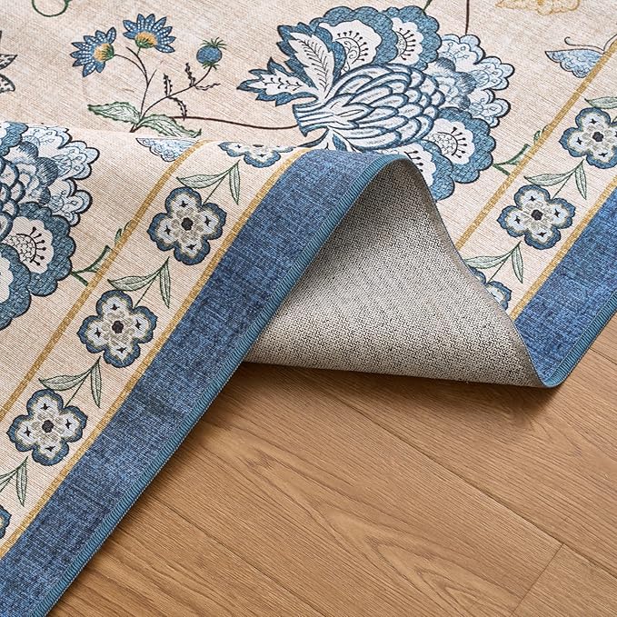 jinchan 5ft Floral Round Rug for Entryway Washable Kitchen Rug Vintage Romance Design Non Slip Indoor Doormat Lightweight Low-Profile Throw Carpet for Living Room Dining Room Bedroom, Blue/Beige