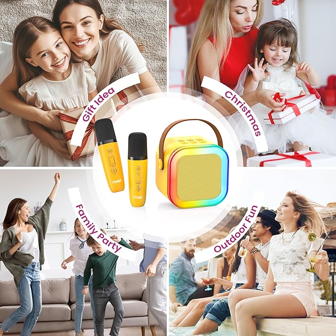 Mini Karaoke Machine for Kids Adults, Portable Karaoke Microphone Singing Speaker Bluetooth Karaoke Player with 2 Wireless Mic, Birthday Gifts for Girls Boys 4-12 Year Old, Family Home Party(Yellow)