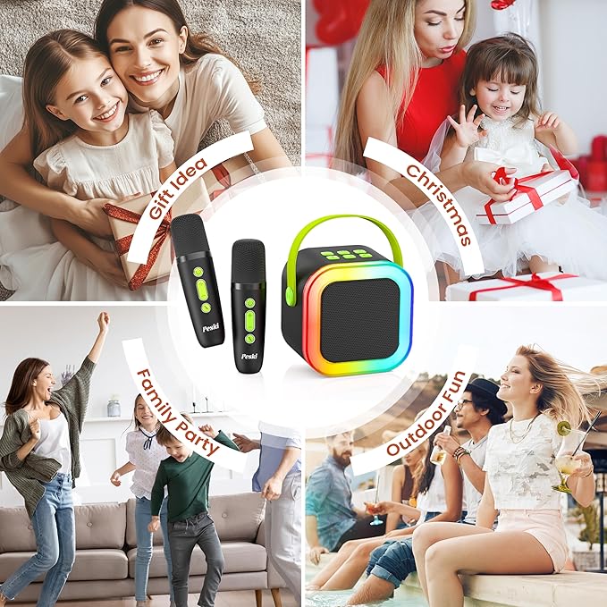Mini Karaoke Machine for Kids Adults, Portable Bluetooth Mini Karaoke Microphone Singing Speaker Karaoke Player with 2 Wireless Mic, for All Smartphones,Birthday, Family,Home Party (Black Green)