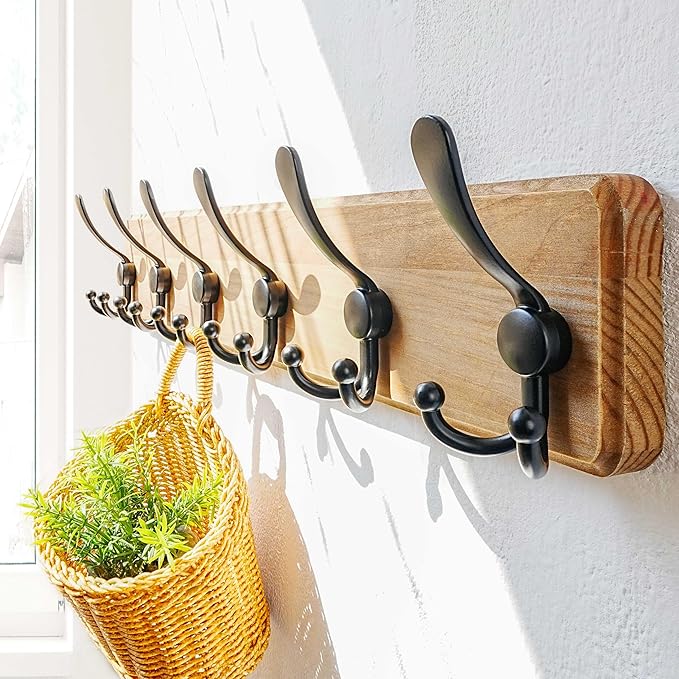 Dseap Coat Rack Wall Mounted - 24" Long 6 Tri Hooks, Heavy Duty Wooden Wall Coat Hanger Coat Hook for Clothes Hat Jacket Clothing, Weathered Yellow and Black