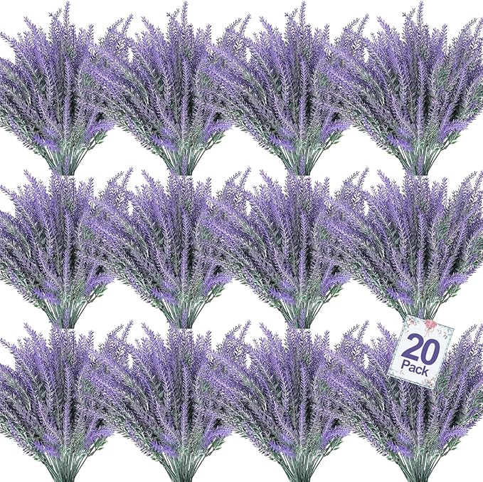 TURNMEON 20 Bundles Artificial Lavender Flowers for Outdoors, UV Resistant Fake Plants Artificial Plastic Faux Plants for Home Window Box Planter Porch Gardens Cemetery Summer Decor(Gray Purple)