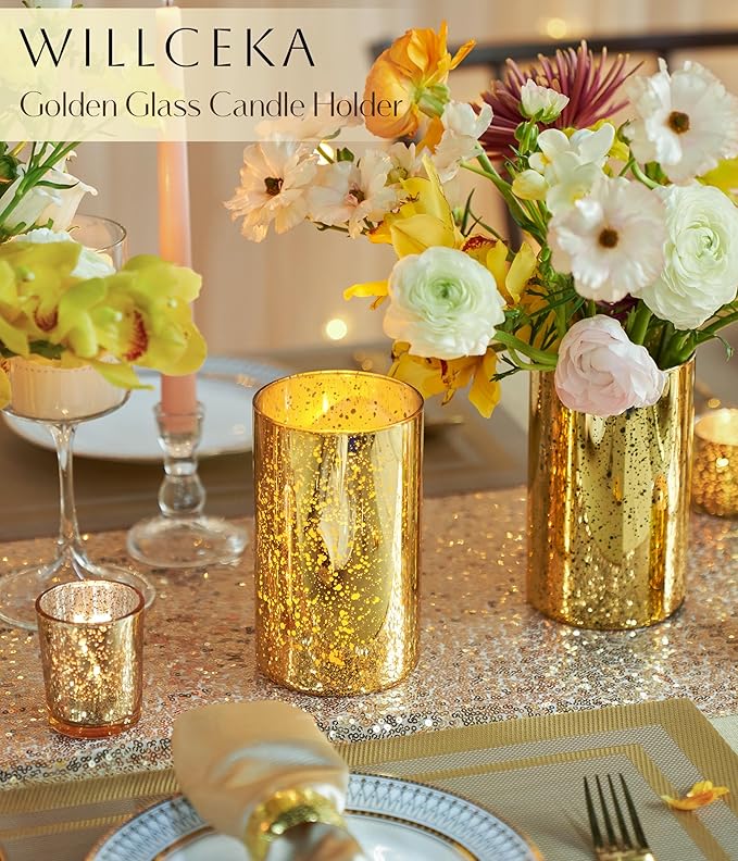 Gold Cylinder Vases for Centerpieces, Modern Glass Vase Set of 12 Decorative Hurricane Candle Holder for Pillar Candle Holders Flowers for Table Centerpiece