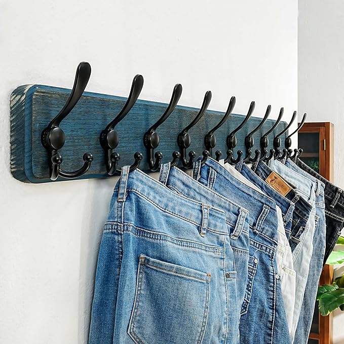 Dseap Coat Rack Wall - Heavy-duty 38-1/4" Long, with Reinforced 10 Custom Tri-Hooks, Solid Wood Wall Hanger for Coats Hat Jackets - Rustic Farmhouse Entryway Storage, Weathered Blue & Black, Pack of 2