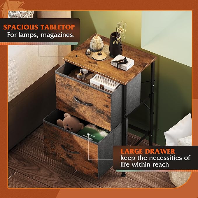 WLIVE Night Stand with Drawers, Dresser for Bedroom with 2 Fabric Drawer, Small Bedside Tables, Nightstand End Table Furniture, College Dorm, Rustic Brown Wood Grain Print, Size L