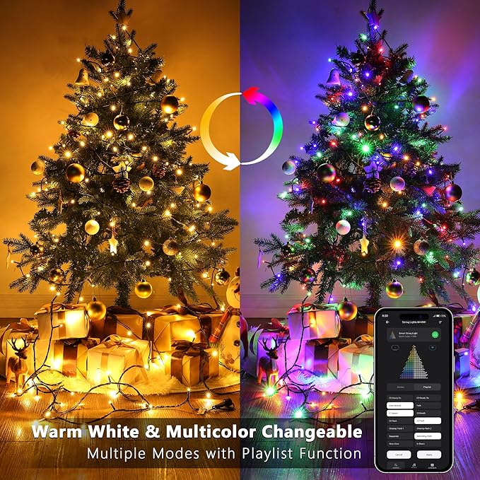 BrizLabs Color Changing Smart Christmas Lights, 115ft 300 LED App & Voice Control Christmas String Lights, Warm White Multicolor Mini Light, Dimmable Xmas Light Music Sync for Holiday Party Tree Decor