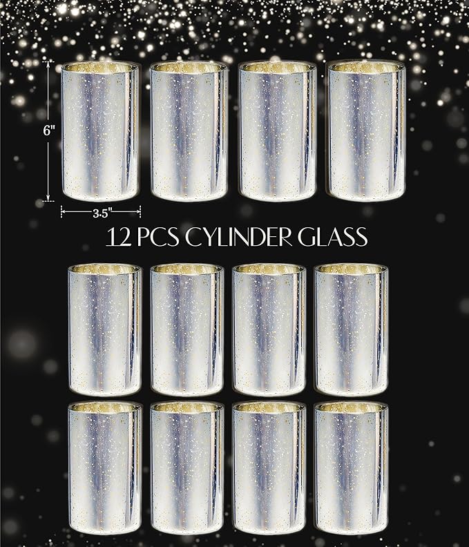 Silver Cylinder Vases for Centerpieces, Modern Glass Vase Set of 12 Decorative Hurricane Candle Holder for Pillar Candle Holders Flowers for Table Centerpiece, Sliver