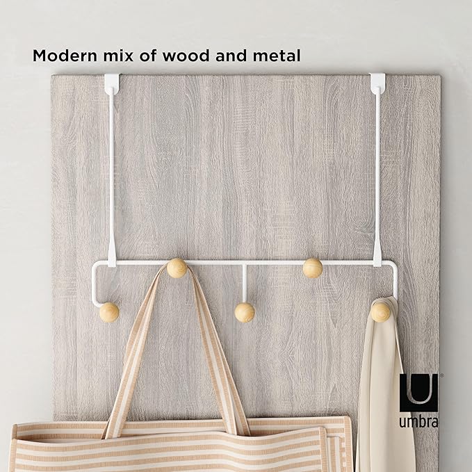 Umbra Estique Over The Door Coat Rack & Multi-Use Organizer, for Coats, Bags, Hats & More, Small, White/Natural (Pack of 3)