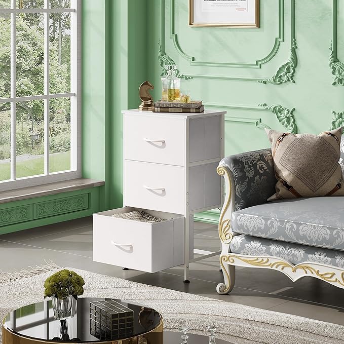 WLIVE Nightstand with 3 Drawers, Fabric Dresser, Organizer Unit, Storage Dresser for Bedroom, Hallway, Entryway, Closets, Sturdy Steel Frame, Wood Top, Easy Pull Handle, White