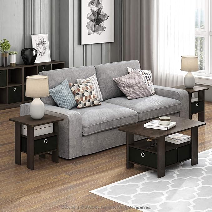 Furinno ANDREY Side Table, End Table, Night Stand with Open Shelves and Storage Bin, Bedside Table, for Living Room, Bedroom, Dark Brown