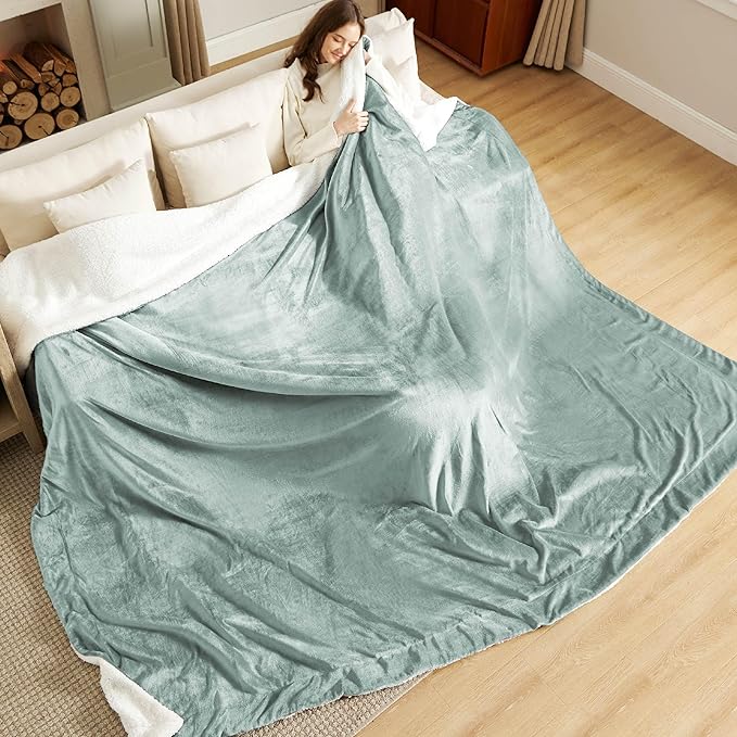 Bedsure GentleSoft Sherpa Fleece Oversized Cal King Blankets for Bed - Thick and Warm Throw for Women and Men, Soft Fuzzy Plush Large Blanket for Winter, Sage Green, 112x98 Inches