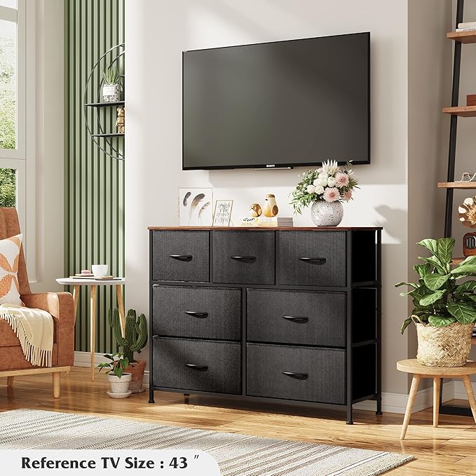 WLIVE 7 Drawer Dresser TV Stand, Entertainment Center, Media Console Table with Metal Frame and Wood Top for TV up to 45 inch, Chest of Drawers for Bedroom, Living Room, Black and Rustic Brown
