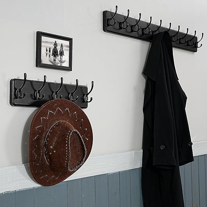 WEBI Coat Rack Wall Mount,Coat Hanger Wall,16" Hole to Hole,Coat Hooks Wall Mounted,Hook Rack,5 Hooks for Hanging Coats,Hats,Jacket,Clothes,Entryway,Black
